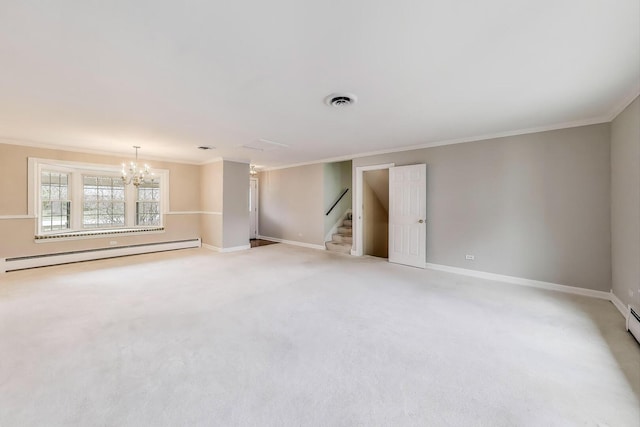 spare room with a baseboard heating unit, visible vents, a chandelier, stairs, and ornamental molding