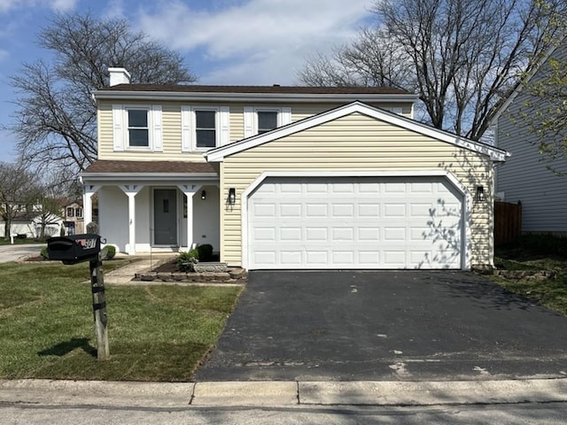 601 Oswego Dr, Carol Stream, IL 60188 - traditional-style home with a porch, a chimney, a garage, a front yard, and aphalt driveway