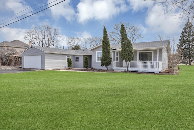 single story home featuring a porch, a garage, a shingled roof, a front yard, and aphalt driveway