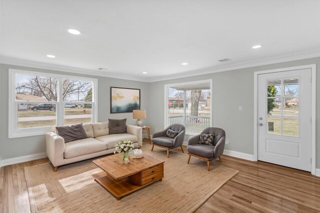 living area featuring plenty of natural light, baseboards, and ornamental molding