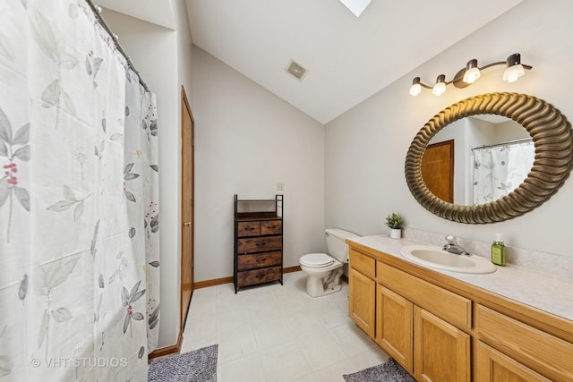 full bath with a shower with curtain, visible vents, vanity, toilet, and lofted ceiling