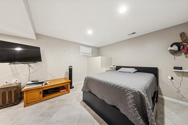 bedroom with light tile patterned floors, baseboards, recessed lighting, and visible vents