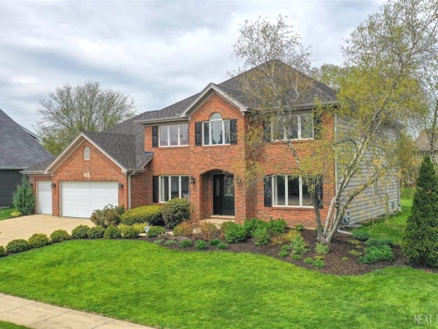colonial house featuring an attached garage, concrete driveway, a front lawn, and brick siding