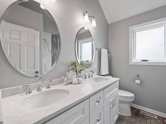 full bathroom featuring a sink, vaulted ceiling, toilet, and double vanity