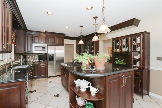 kitchen featuring open shelves, decorative backsplash, light tile patterned flooring, dark brown cabinetry, and stainless steel appliances