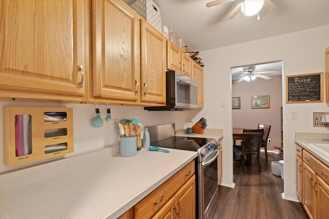 kitchen with a ceiling fan, dark wood-type flooring, baseboards, light countertops, and appliances with stainless steel finishes
