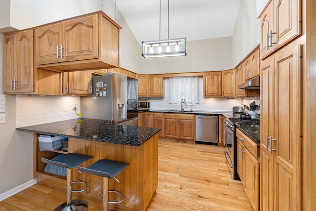 kitchen with under cabinet range hood, a peninsula, appliances with stainless steel finishes, high vaulted ceiling, and a breakfast bar area