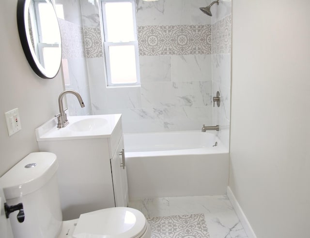 full bath with toilet, baseboards, marble finish floor, washtub / shower combination, and vanity
