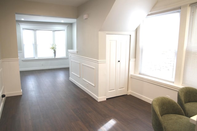 interior space with baseboards and dark wood-type flooring
