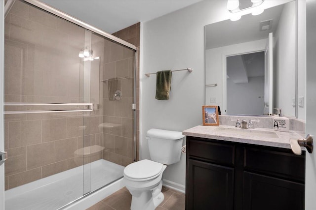 full bath featuring tile patterned floors, a shower stall, toilet, vanity, and visible vents