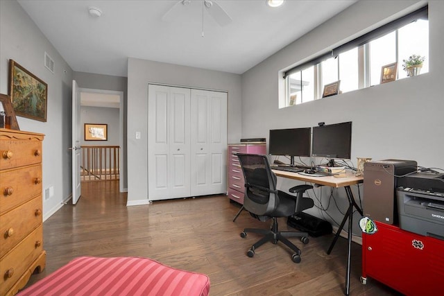 office featuring a ceiling fan, visible vents, wood finished floors, and baseboards