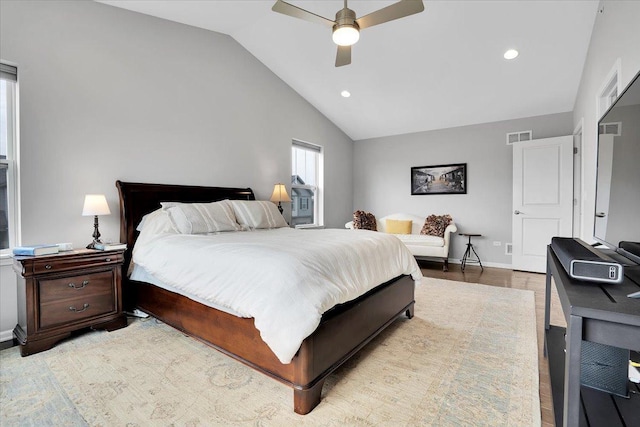 bedroom with visible vents, a ceiling fan, lofted ceiling, and recessed lighting