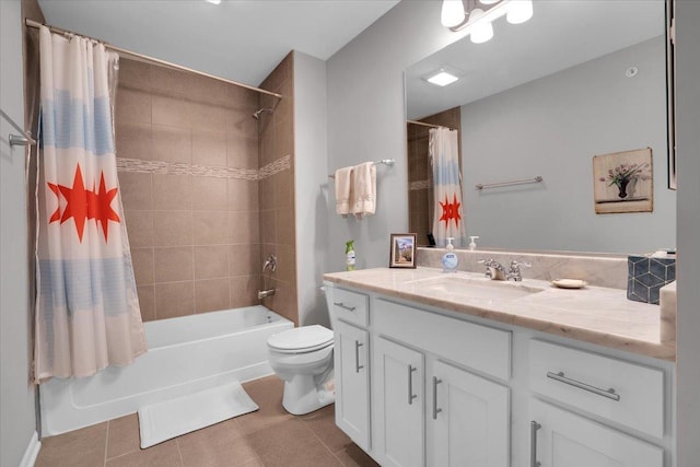 bathroom featuring shower / bathtub combination with curtain, toilet, tile patterned flooring, and vanity
