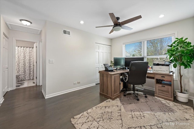 1682 Brompton Ln, Crystal Lake, IL 60014 - office space featuring ceiling fan, visible vents, baseboards, dark wood-style floors, and recessed lighting
