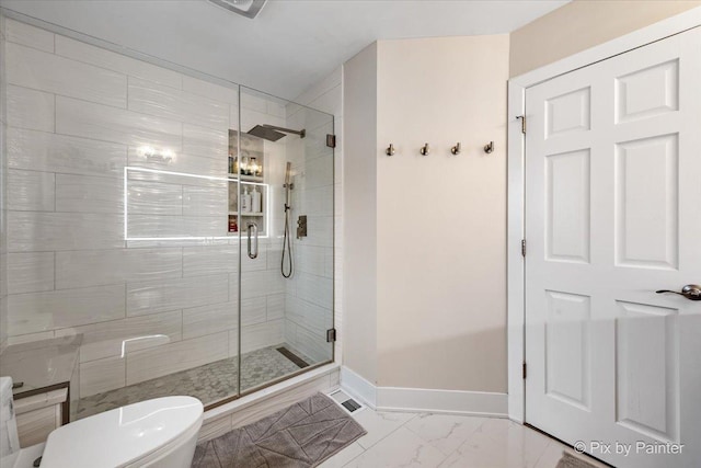 1682 Brompton Ln, Crystal Lake, IL 60014 - bathroom with baseboards, a shower stall, toilet, and marble finish floor