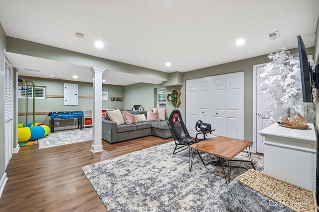 1682 Brompton Ln, Crystal Lake, IL 60014 - living room featuring recessed lighting, visible vents, wood finished floors, and electric panel