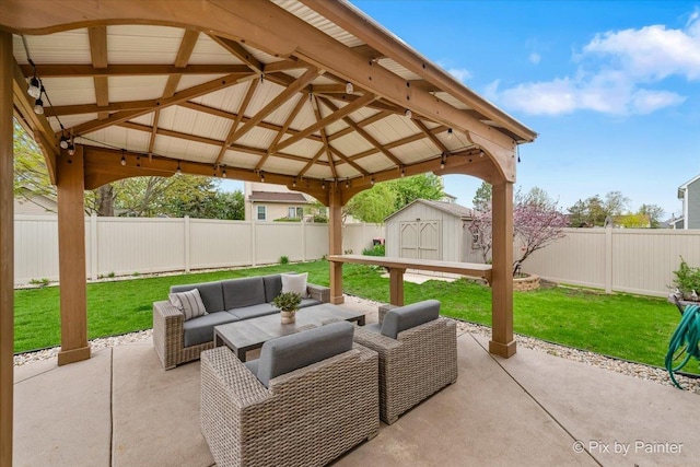 1682 Brompton Ln, Crystal Lake, IL 60014 - view of patio / terrace with a storage unit, a gazebo, outdoor lounge area, a fenced backyard, and an outbuilding
