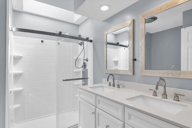 full bath with a stall shower and double vanity