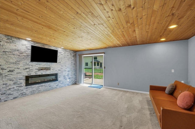 living room with wood ceiling, a fireplace, carpet, and recessed lighting