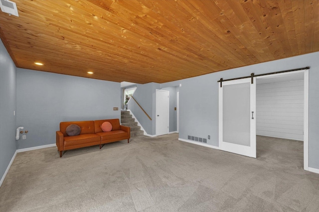 sitting room with carpet flooring, a barn door, wood ceiling, baseboards, and recessed lighting