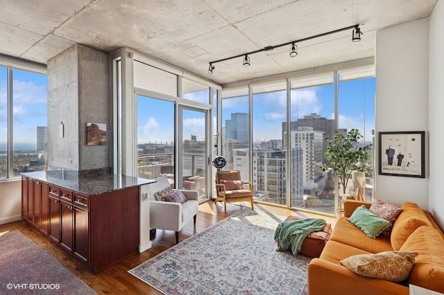 living area with rail lighting, floor to ceiling windows, dark wood-style flooring, and a city view