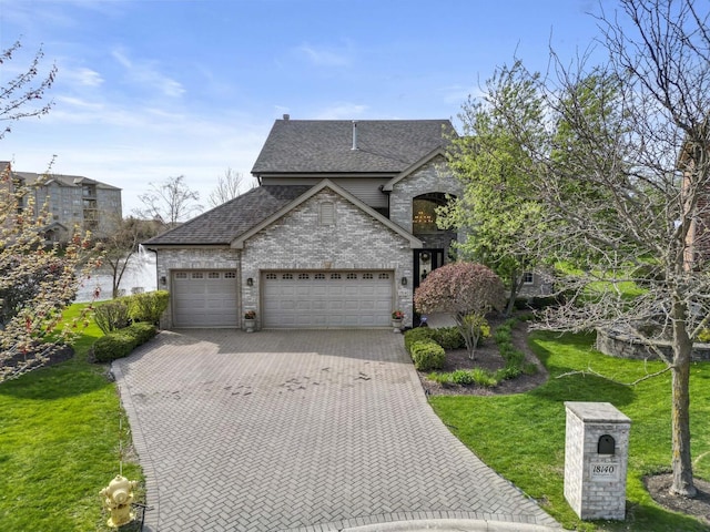 french country home featuring brick siding, a shingled roof, decorative driveway, a front yard, and an attached garage