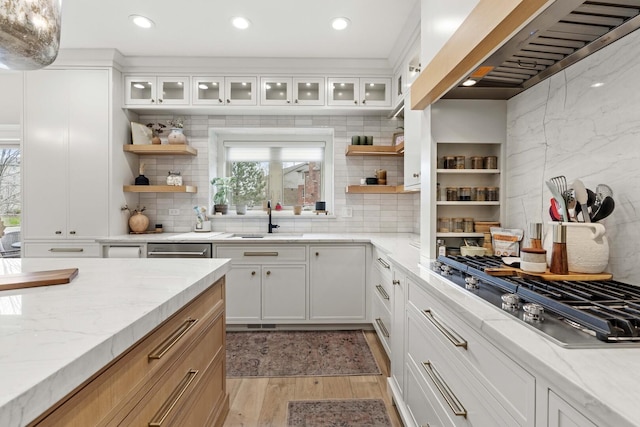 kitchen with a sink, stainless steel appliances, light wood-style floors, open shelves, and premium range hood