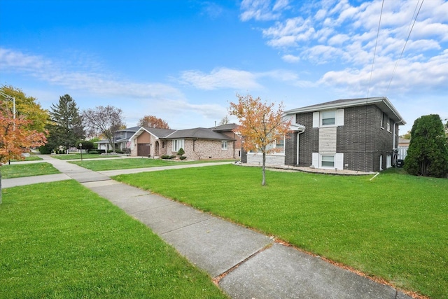 exterior space with brick siding and a front yard