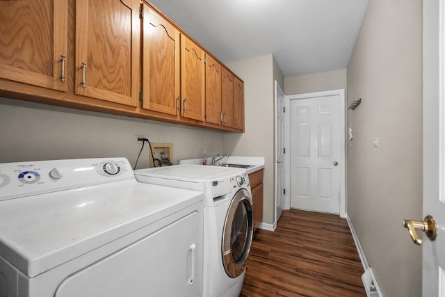 4240 Kingshill Cir, Naperville, IL 60564 - laundry area with cabinet space, washing machine and clothes dryer, and dark wood-type flooring