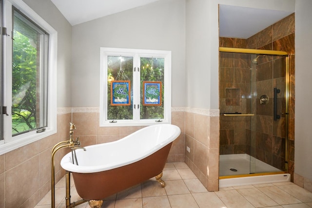 4240 Kingshill Cir, Naperville, IL 60564 - full bath featuring tile walls, a soaking tub, tile patterned flooring, a stall shower, and vaulted ceiling
