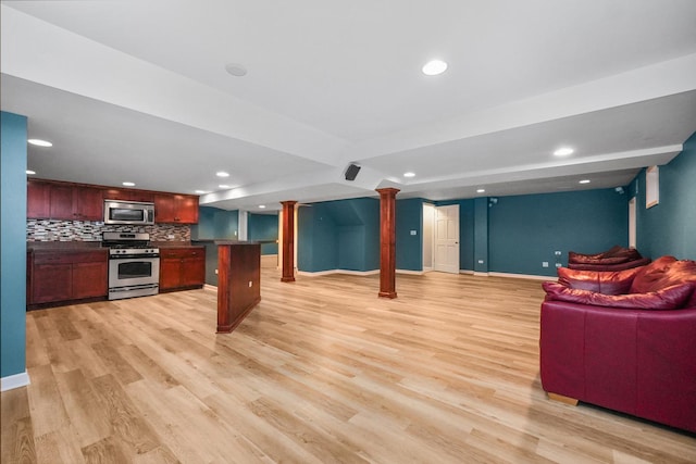 4240 Kingshill Cir, Naperville, IL 60564 - bar with appliances with stainless steel finishes, light wood-style floors, recessed lighting, and backsplash