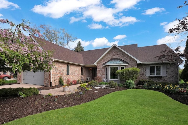 4240 Kingshill Cir, Naperville, IL 60564 - view of front of house with brick siding, a front yard, driveway, a shingled roof, and a garage