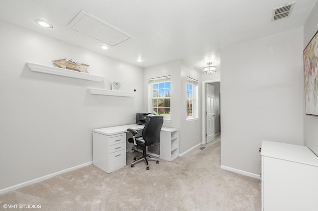 214 Woodstone Dr, Buffalo Grove, IL 60089 - office area featuring baseboards, light carpet, attic access, and visible vents