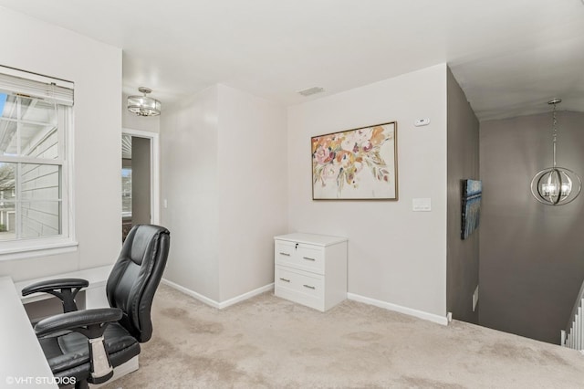 214 Woodstone Dr, Buffalo Grove, IL 60089 - home office featuring an inviting chandelier, baseboards, visible vents, and light colored carpet