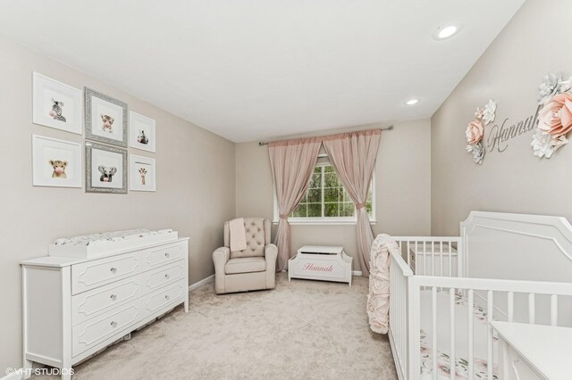 214 Woodstone Dr, Buffalo Grove, IL 60089 - bedroom with a nursery area, baseboards, recessed lighting, and light colored carpet