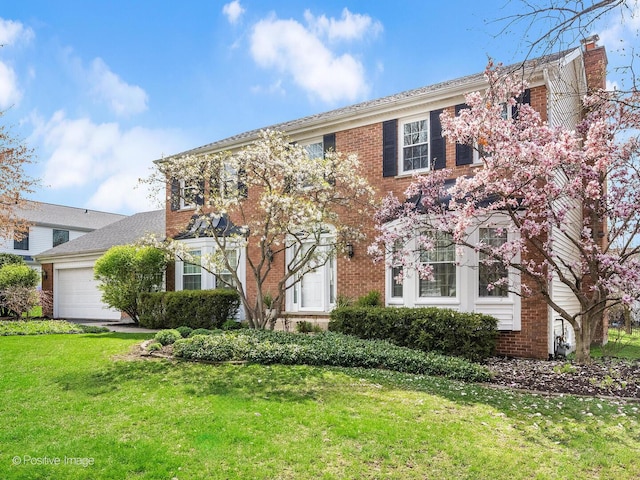 colonial home with brick siding, an attached garage, and a front yard