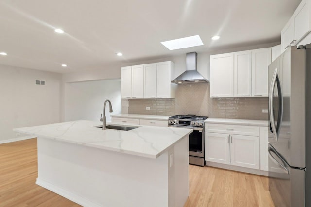 kitchen with a sink, light wood-style floors, wall chimney exhaust hood, decorative backsplash, and appliances with stainless steel finishes