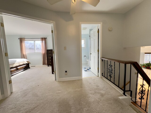 corridor featuring baseboards, an upstairs landing, carpet, and plenty of natural light