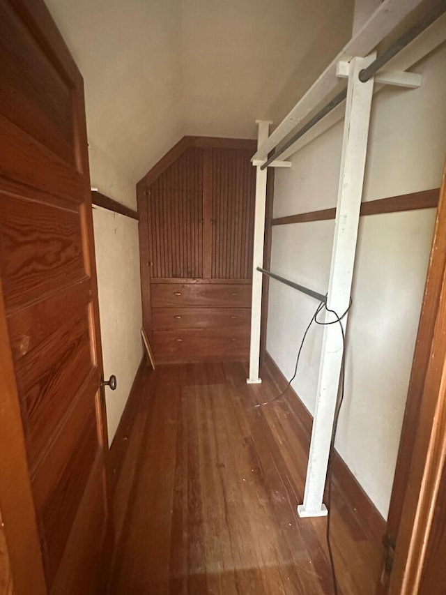 spacious closet with vaulted ceiling and wood finished floors