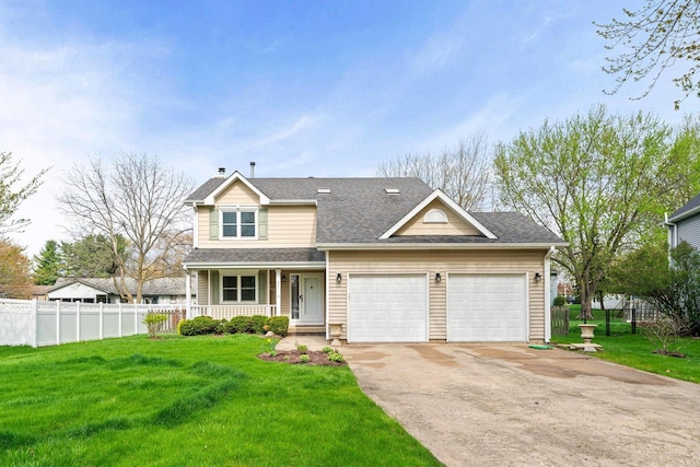 631 Louise Dr, Hinckley, IL 60520 - traditional home with a front lawn, covered porch, concrete driveway, an attached garage, and fence