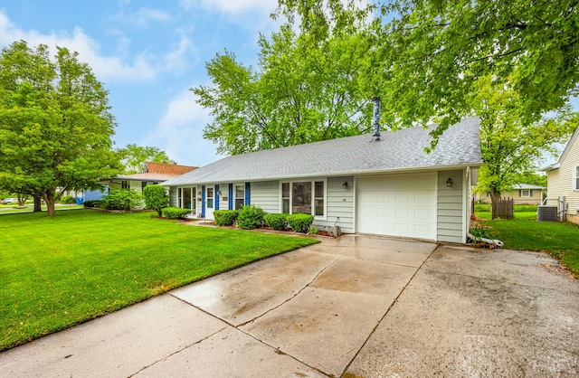 118 Circle Dr W, Montgomery, IL 60538 - single story home featuring a front lawn, driveway, a garage, central AC unit, and roof with shingles