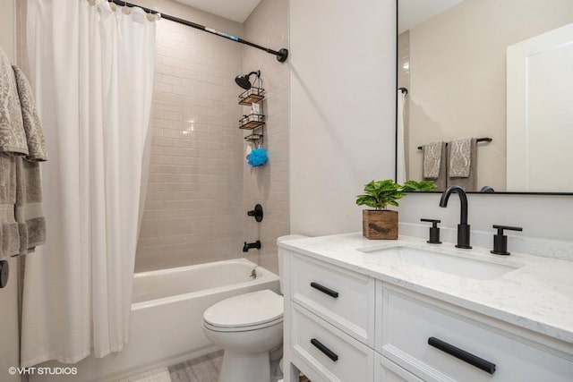 full bathroom with vanity, toilet, and shower / bathtub combination with curtain