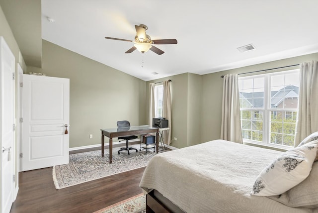 1122 Chelsea Dr, Lake Zurich, IL 60047 - bedroom featuring visible vents, baseboards, ceiling fan, dark wood finished floors, and vaulted ceiling