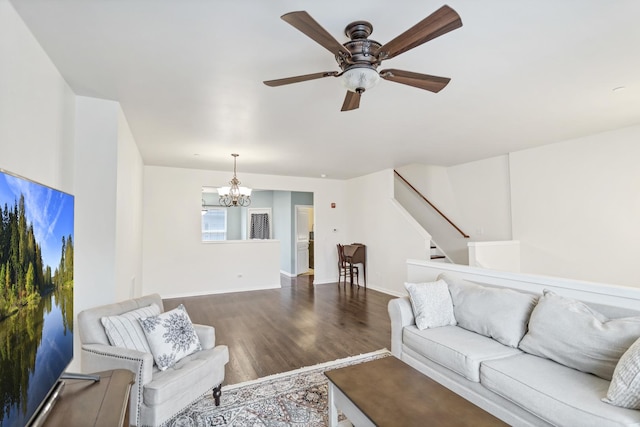 1122 Chelsea Dr, Lake Zurich, IL 60047 - living room with baseboards, wood finished floors, stairway, and ceiling fan with notable chandelier