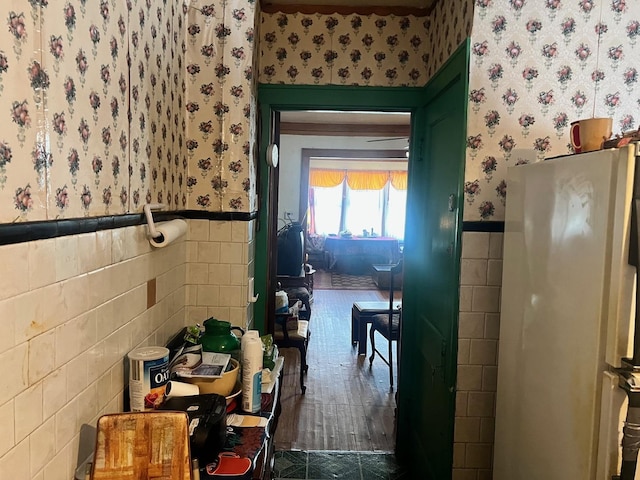 117 W 103rd Pl, Chicago, IL 60628 - bathroom with wallpapered walls, wainscoting, and tile walls