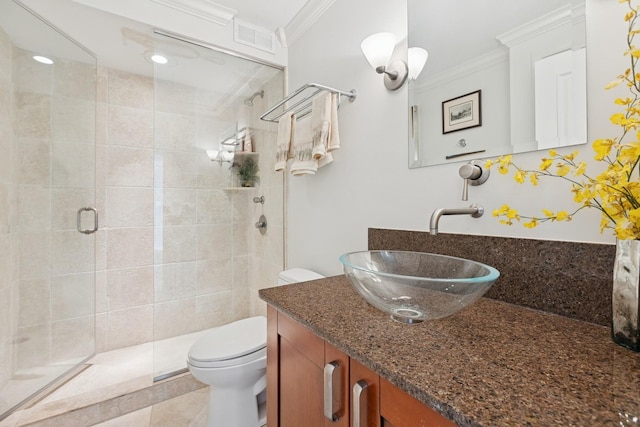 1212 N Lake Shore Dr Unit 16Bs, Chicago, IL 60610 - bathroom with a shower stall, vanity, toilet, ornamental molding, and tile patterned flooring