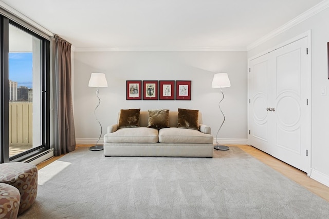 living room featuring baseboards, ornamental molding, and wood finished floors