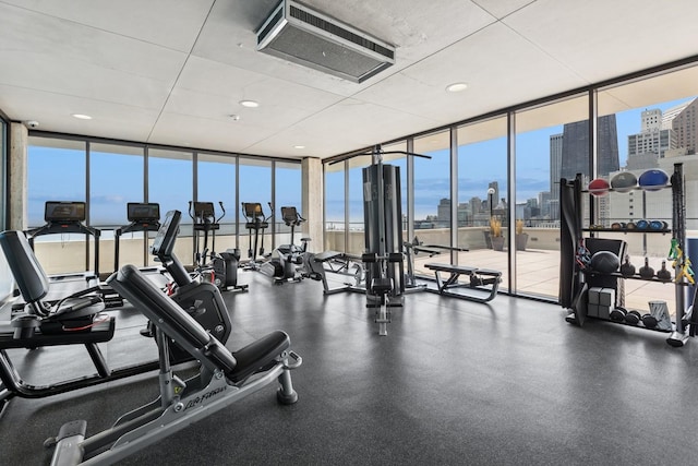 1212 N Lake Shore Dr Unit 16Bs, Chicago, IL 60610 - gym featuring a view of skyline, floor to ceiling windows, and recessed lighting