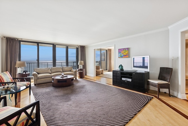 living area with baseboards, ornamental molding, floor to ceiling windows, and wood finished floors