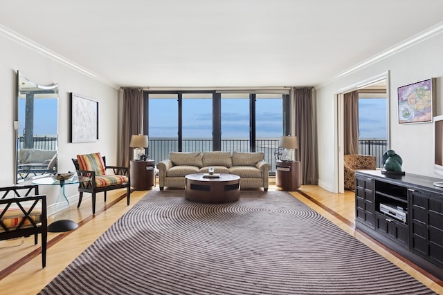 living area with light wood-style floors, baseboards, and ornamental molding